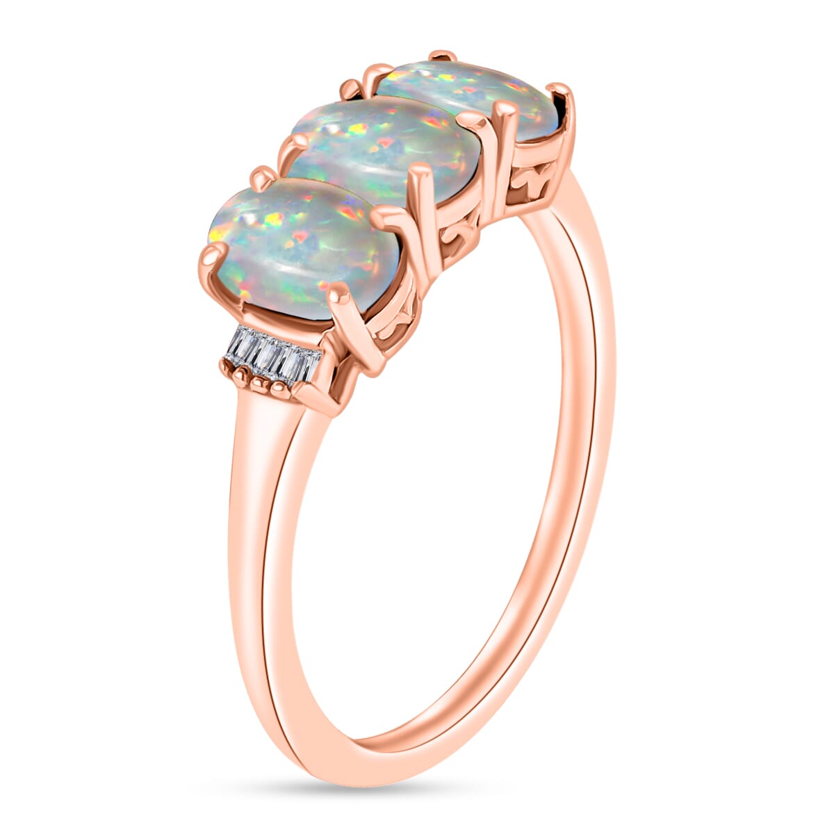 Premium Ethiopian Welo Opal and Diamond 2.53 ctw 3 Stone Ring in Vermeil Rose Gold Over Sterling Silver (Size  5.0) image number 2