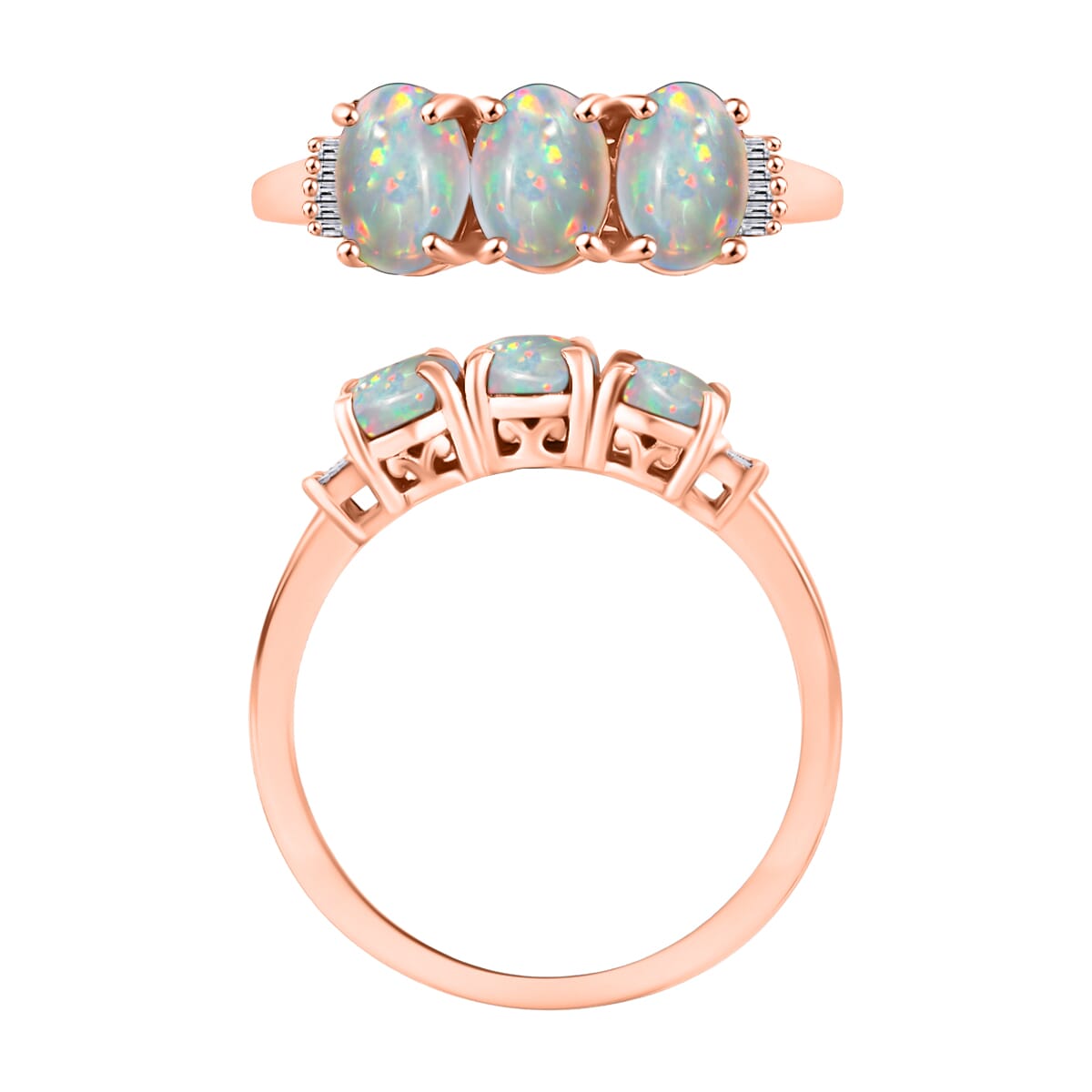Premium Ethiopian Welo Opal and Diamond 2.53 ctw 3 Stone Ring in Vermeil Rose Gold Over Sterling Silver (Size  5.0) image number 3