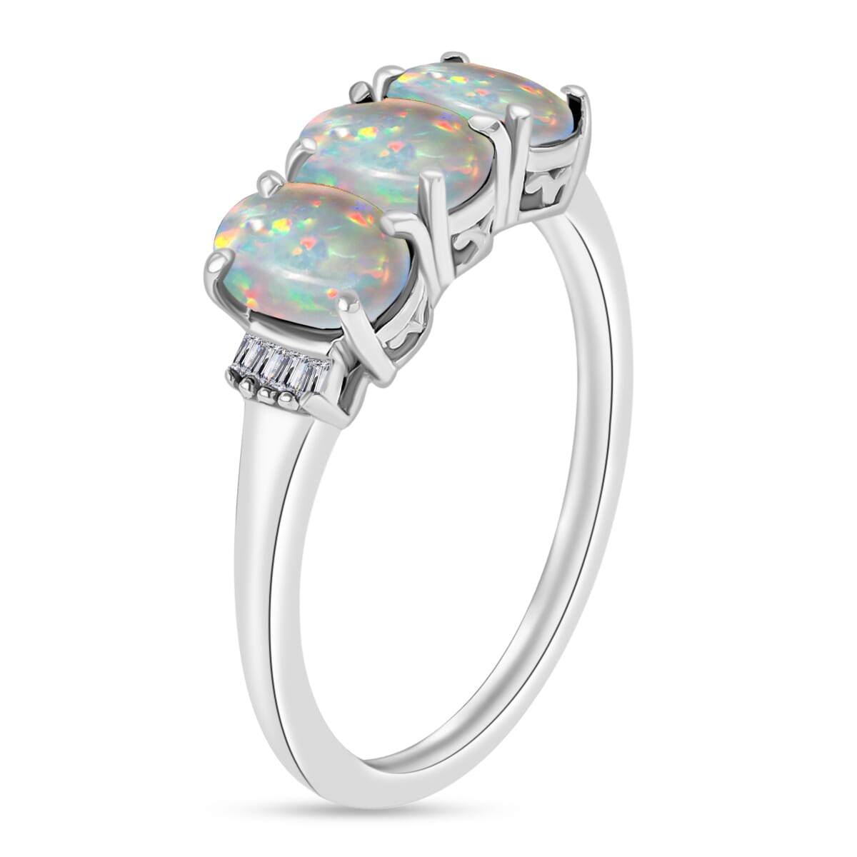 Luxoro Premium Ethiopian Welo Opal and G-H I2 Diamond 2.53 ctw 3 Stone Ring in 14K White Gold (Size  11.5) image number 2