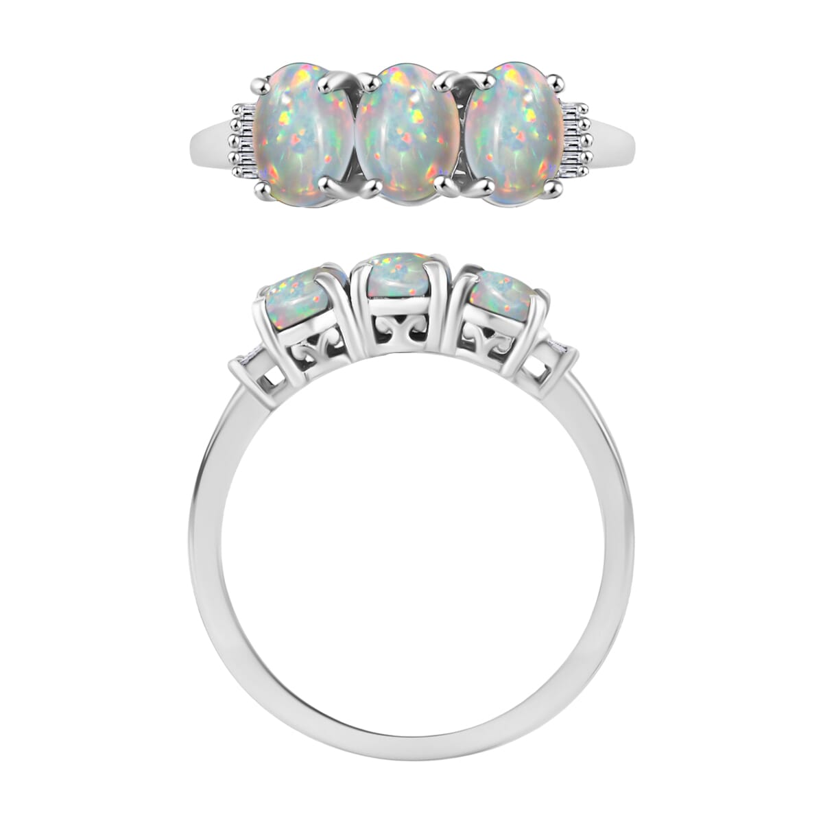 Luxoro Premium Ethiopian Welo Opal and G-H I2 Diamond 2.53 ctw 3 Stone Ring in 14K White Gold (Size  11.5) image number 3