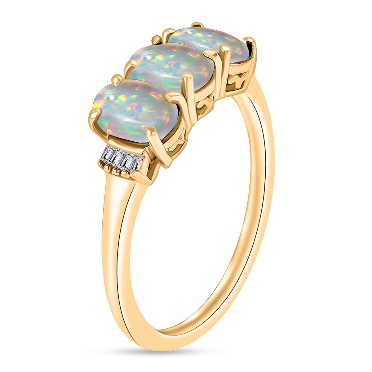 Luxoro Premium Ethiopian Welo Opal and G-H I2 Diamond 2.53 ctw 3 Stone Ring in 14K Yellow Gold (Size  8.5) (Del. in 10-12 Days) image number 2