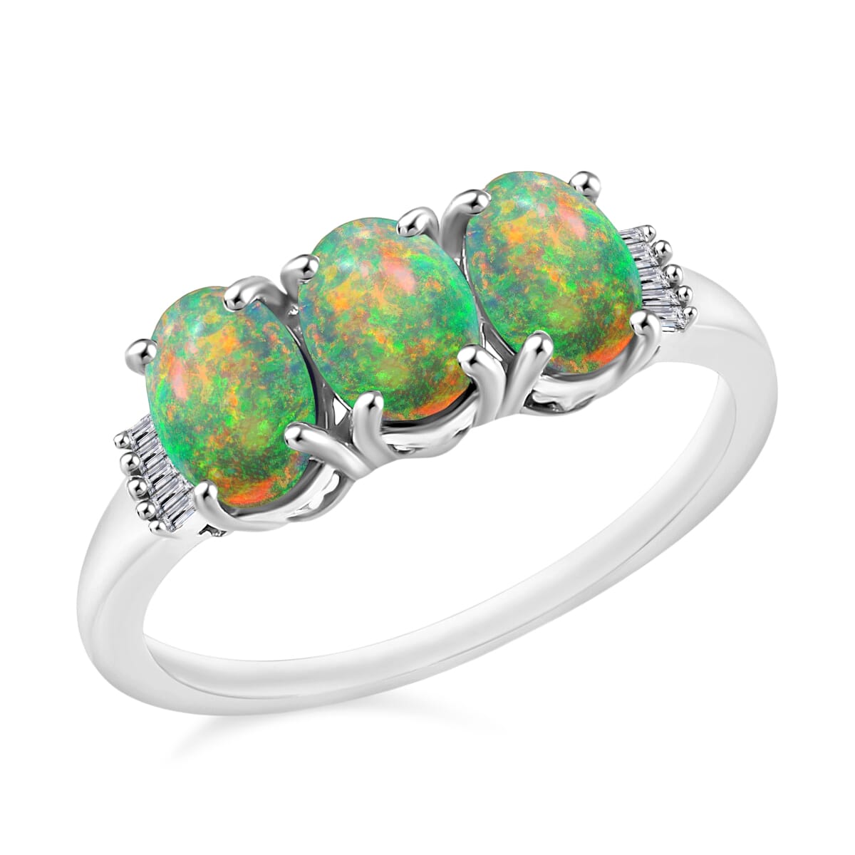 Rhapsody AAAA Ethiopian Welo Opal and E-F VS2 Diamond 2.53 ctw 3 Stone Ring in 950 Platinum (Size  8.5) image number 0