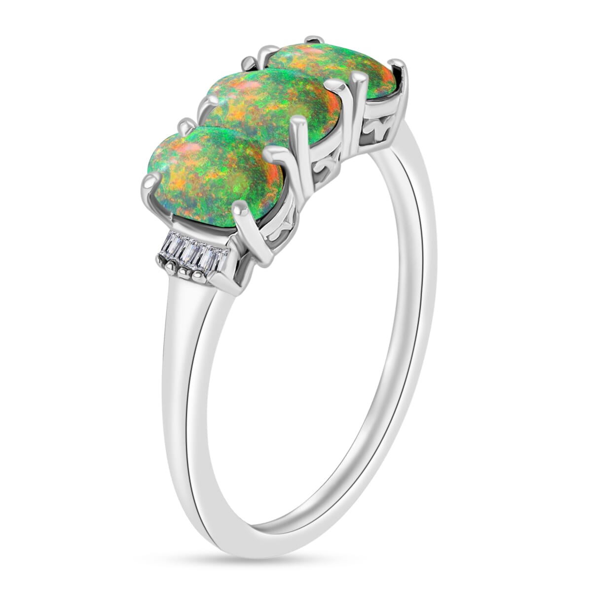 Rhapsody AAAA Ethiopian Welo Opal and E-F VS2 Diamond 2.53 ctw 3 Stone Ring in 950 Platinum (Size  8.5) image number 2