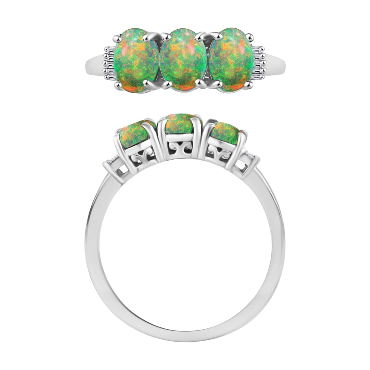 Rhapsody AAAA Ethiopian Welo Opal and E-F VS2 Diamond 2.53 ctw 3 Stone Ring in 950 Platinum (Size  8.5) image number 3