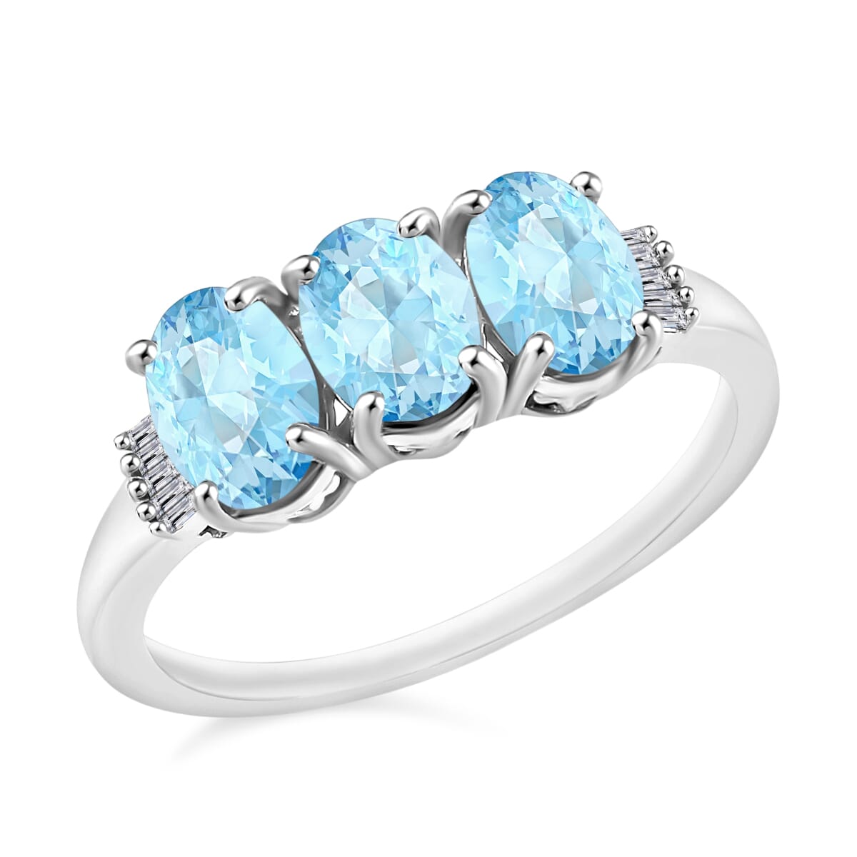 Mangoro Aquamarine and Diamond 2.53 ctw 3 Stone Ring in Platinum Over Sterling Silver (Size  4.0) image number 0