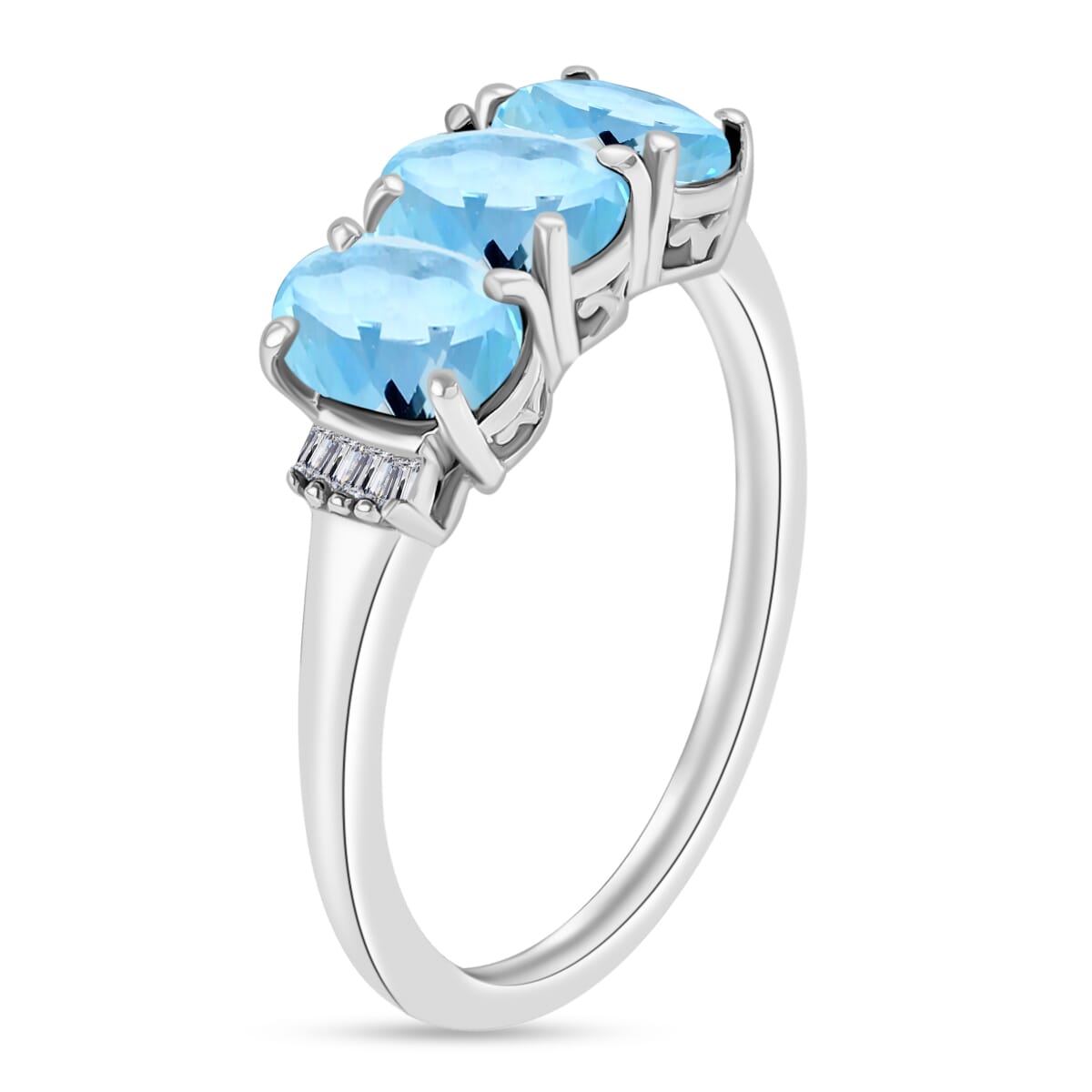 Mangoro Aquamarine and Diamond 2.53 ctw 3 Stone Ring in Platinum Over Sterling Silver (Size  4.0) image number 2