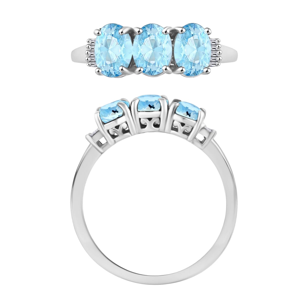 Mangoro Aquamarine and Diamond 2.53 ctw 3 Stone Ring in Platinum Over Sterling Silver (Size  4.0) image number 3