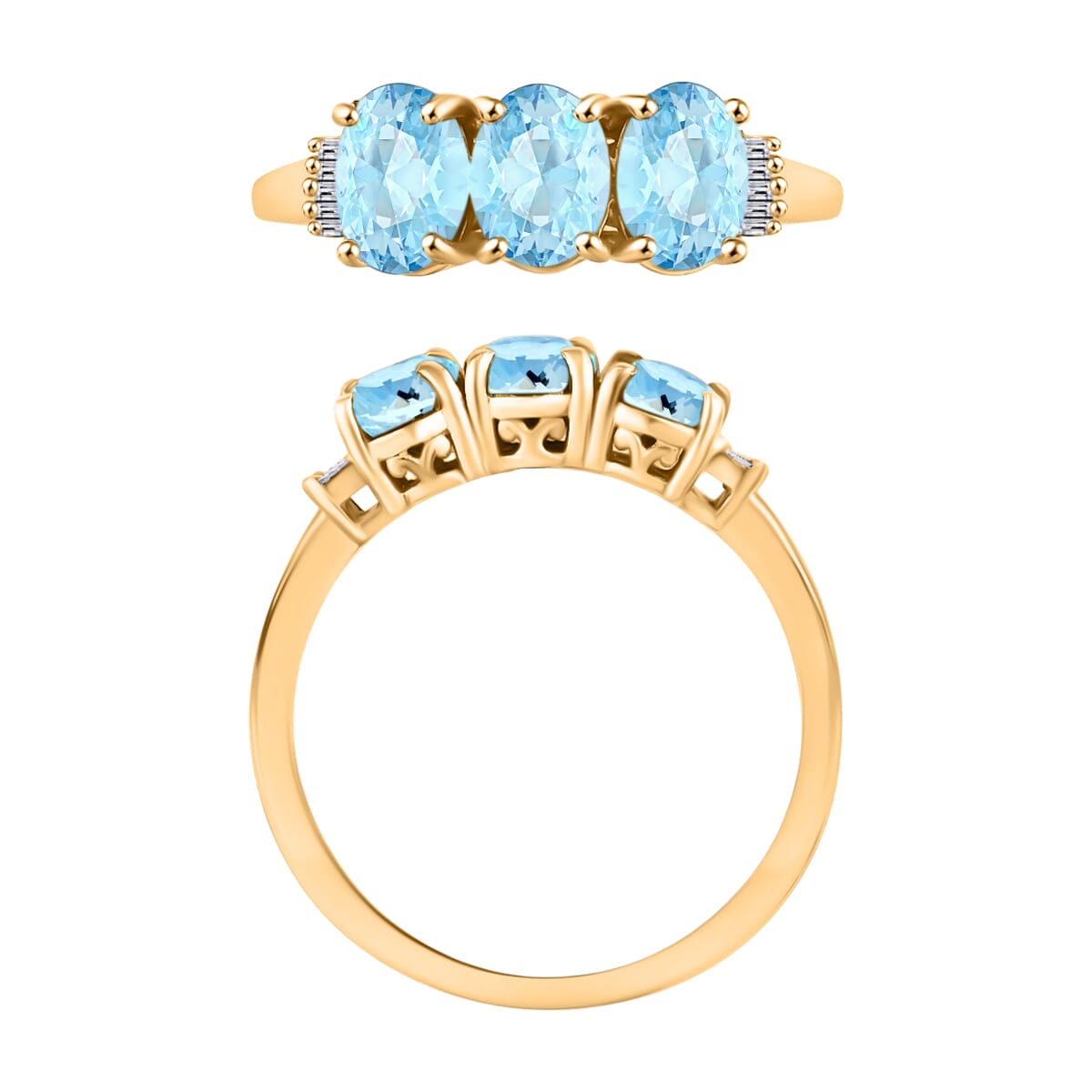 Mangoro Aquamarine and Diamond 2.53 ctw 3 Stone Ring in Vermeil Yellow Gold Over Sterling Silver (Size  9.0) image number 3