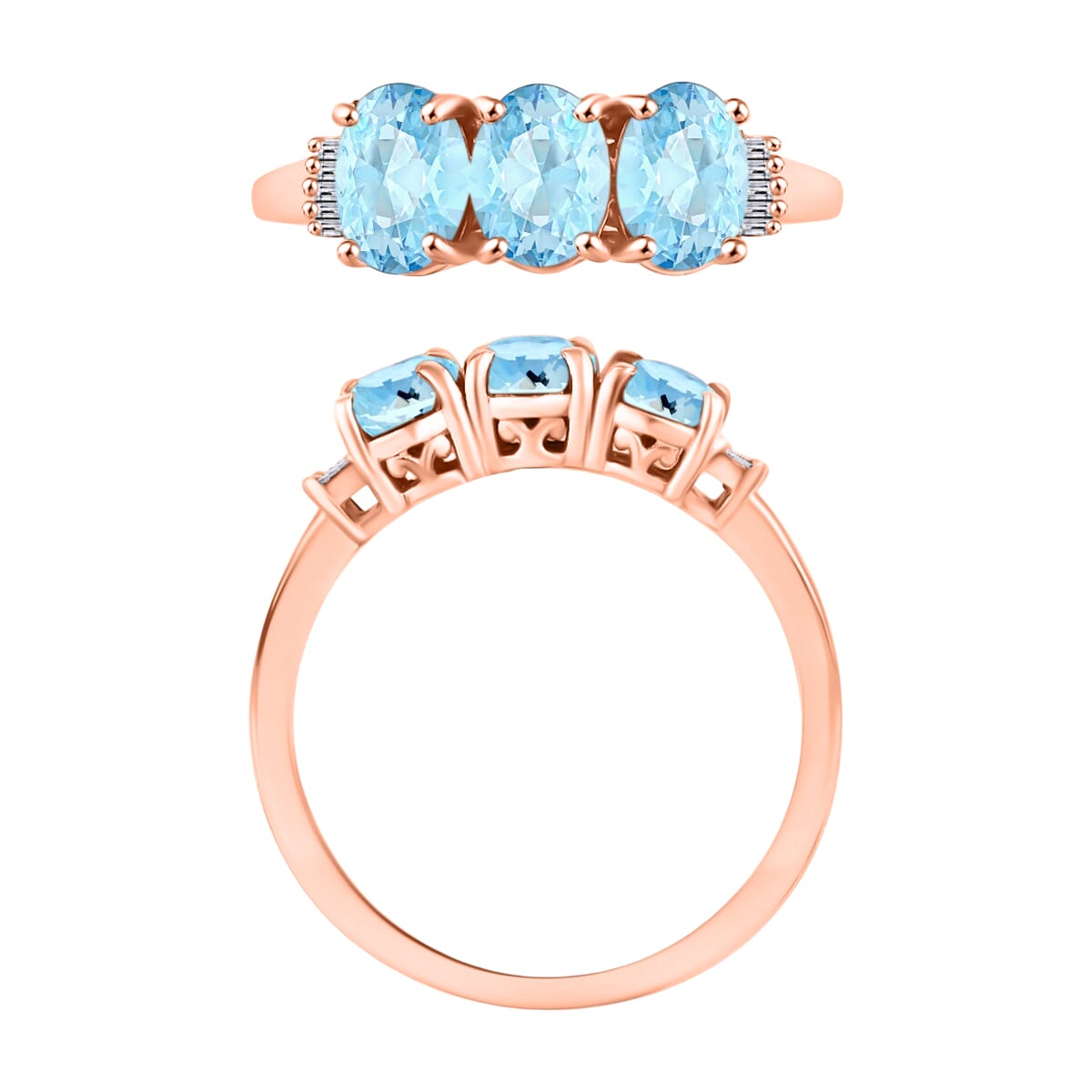 Mangoro Aquamarine and Diamond 2.53 ctw 3 Stone Ring in Vermeil Rose Gold Over Sterling Silver (Size  9.5) image number 3