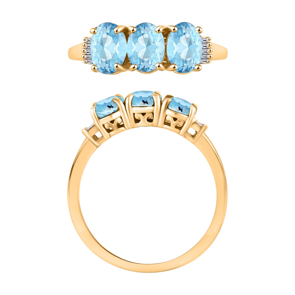 Luxoro Mangoro Aquamarine and G-H I2 Diamond 2.53 ctw 3 Stone Ring in 14K Yellow Gold (Size  9.0) image number 3