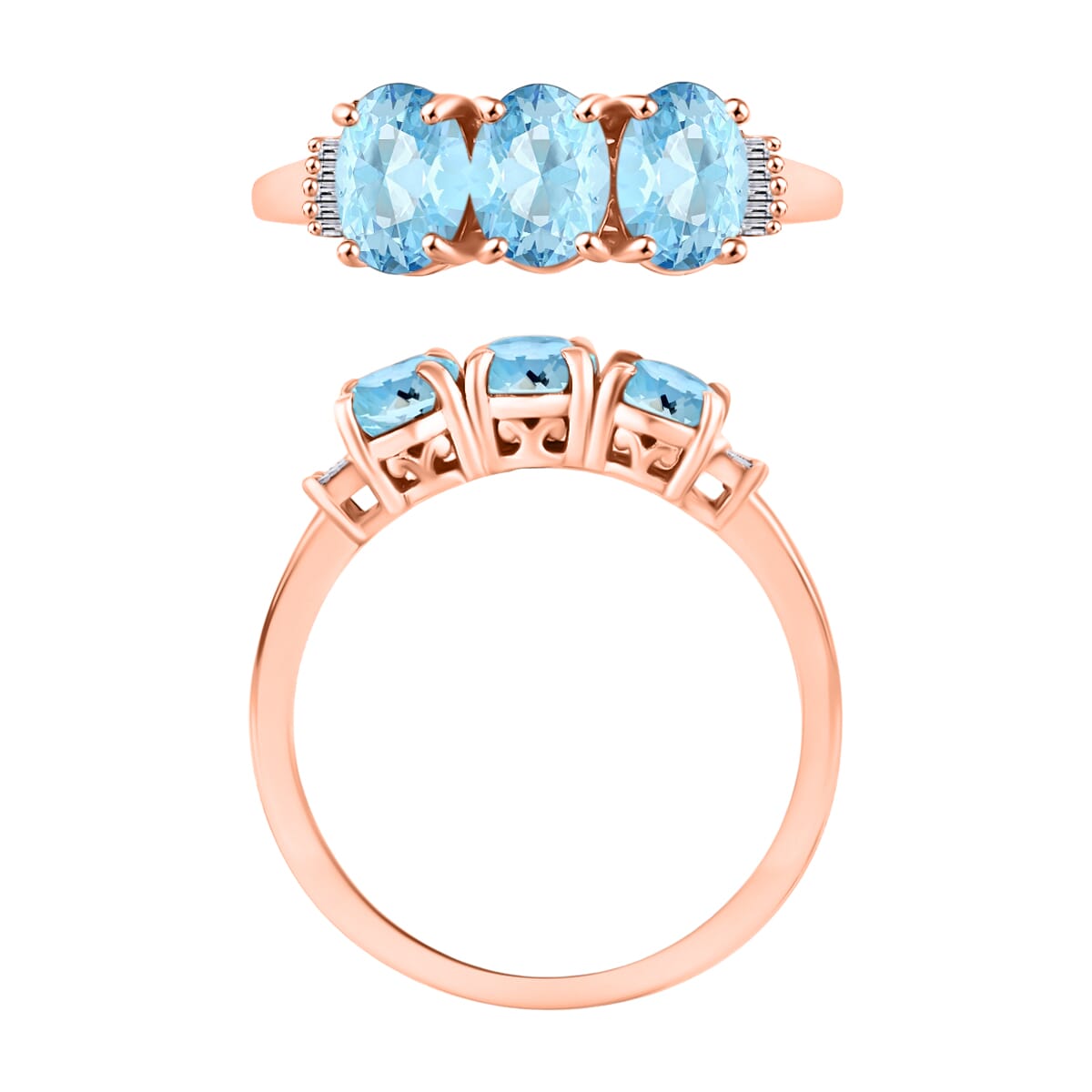 Luxoro Mangoro Aquamarine and G-H I2 Diamond 2.53 ctw 3 Stone Ring in 14K Rose Gold (Size  5.5) image number 3