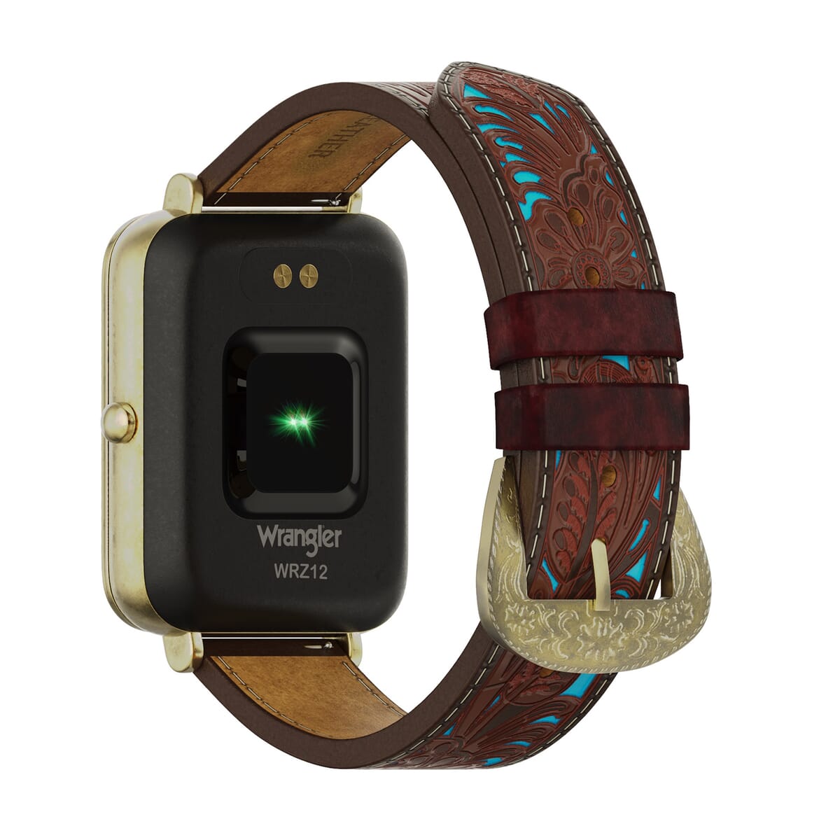 Wrangler Square Goldtone Smartwatch with Teal/Brown Floral Pattern Strap Gold image number 2