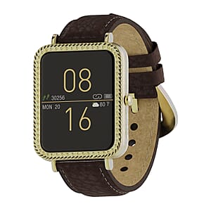 Wrangler Square Goldtone Smartwatch with Brown Leather Pebble Grain Strap (Ships in 5-7 Business Days)