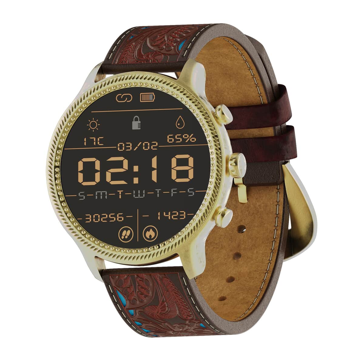 Wrangler Round Goldtone Smartwatch with Brown Floral Pattern Teal Strap (Ships in 5-7 Business Days) image number 0