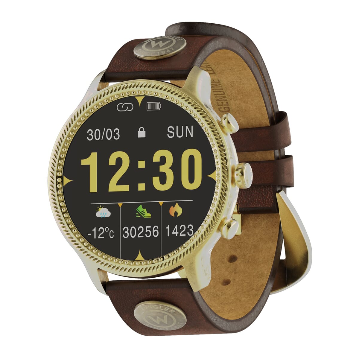 Wrangler Round Silvertone Smartwatch with Brown Wrangler Rivet Strap (Ships in 5-7 Business Days) image number 0