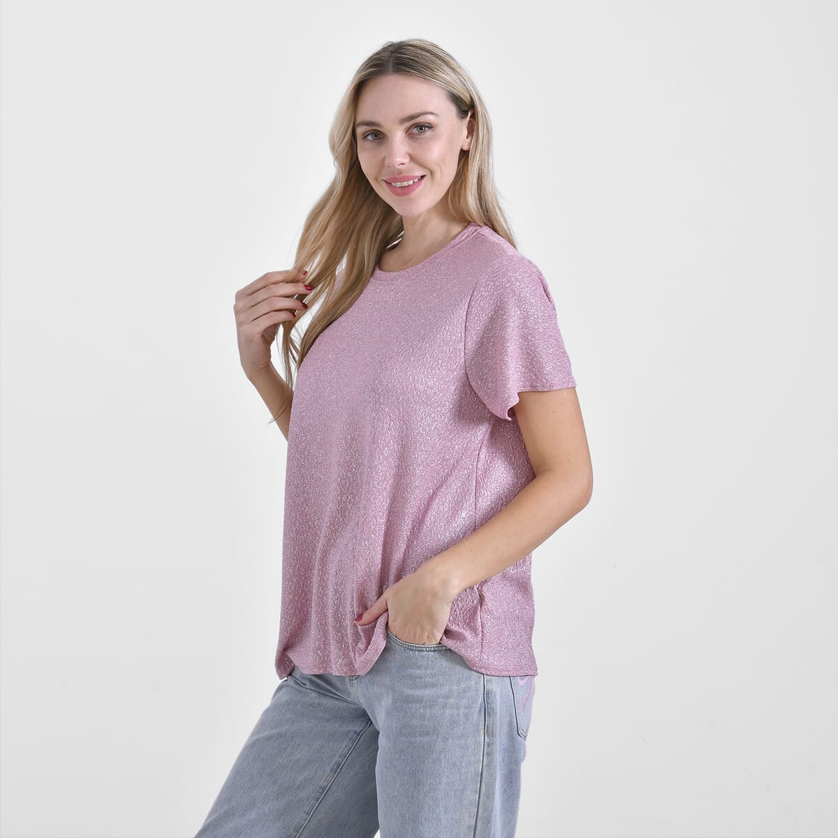Blush Pink Glitter Short Sleeved Crew-neck Top - One Size Fits Most image number 2