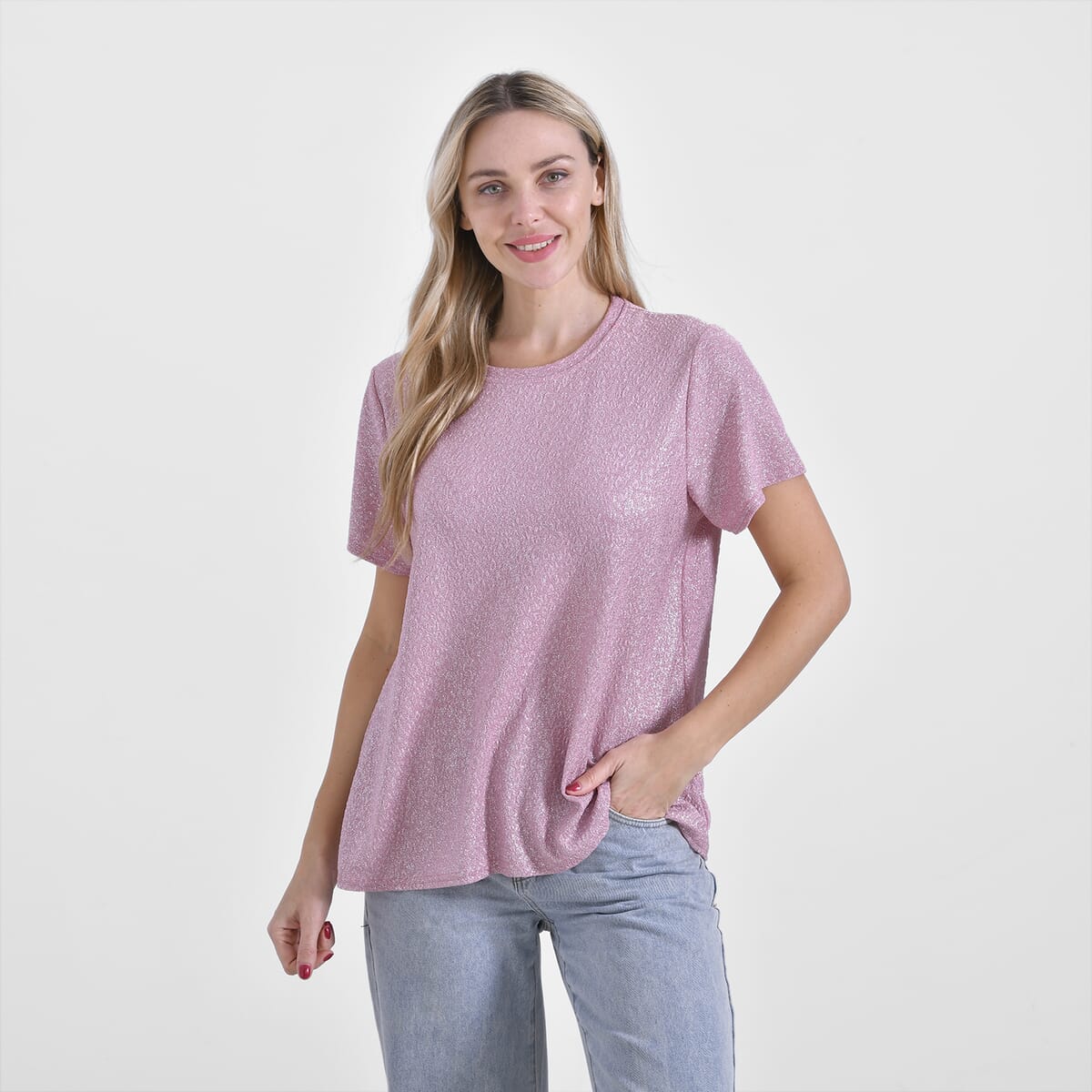 Blush Pink Glitter Short Sleeved Crew-neck Top - One Size Fits Most image number 3