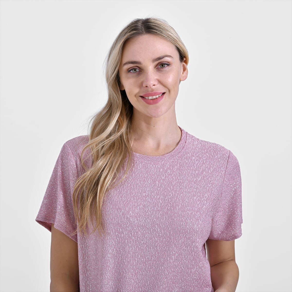 Blush Pink Glitter Short Sleeved Crew-neck Top - One Size Fits Most image number 4