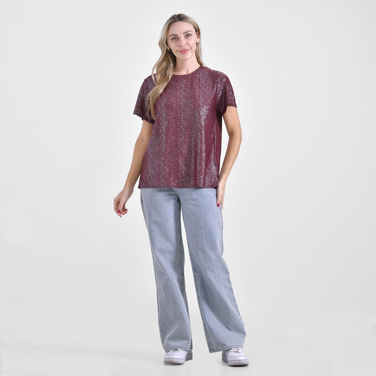 Burgundy Glitter Short Sleeved Crew-neck Top - One Size Fits Most image number 0