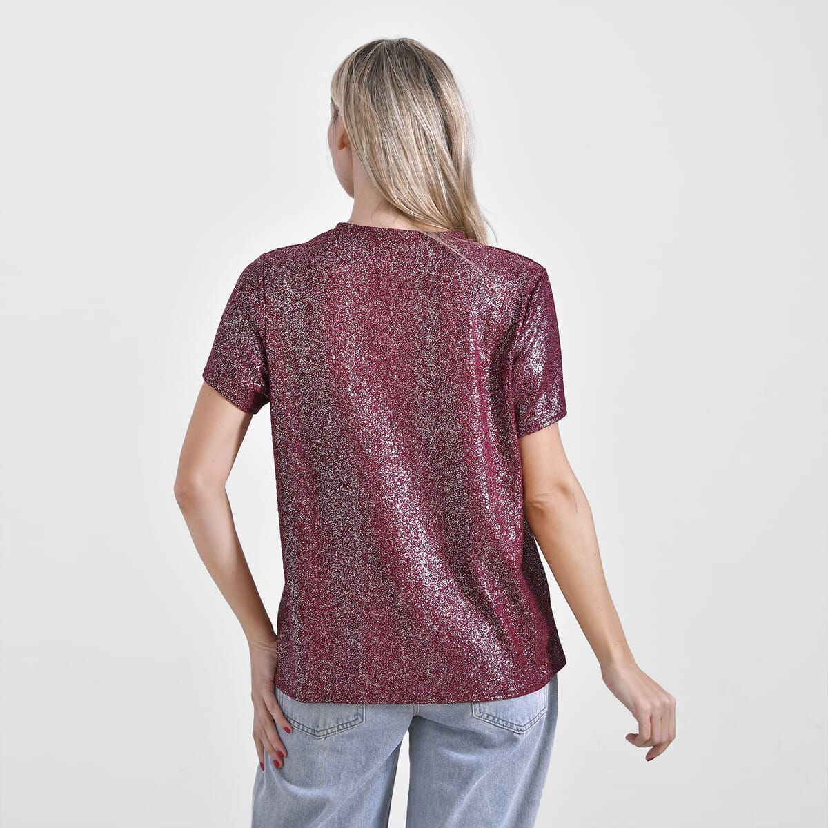 Burgundy Glitter Short Sleeved Crew-neck Top - One Size Fits Most image number 1