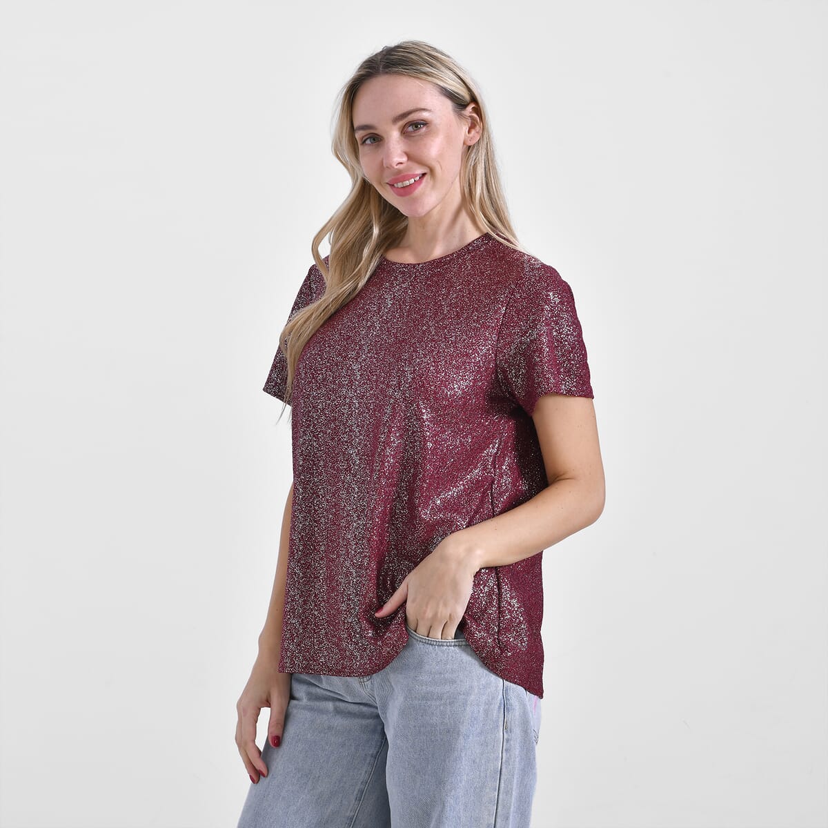 Burgundy Glitter Short Sleeved Crew-neck Top - One Size Fits Most image number 2