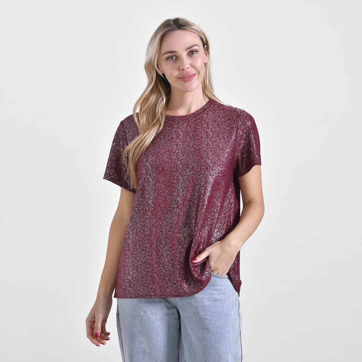 Burgundy Glitter Short Sleeved Crew-neck Top - One Size Fits Most image number 3
