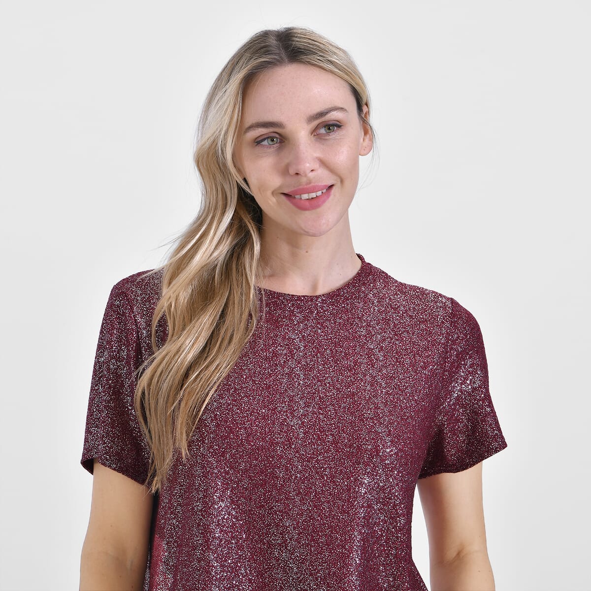 Burgundy Glitter Short Sleeved Crew-neck Top - One Size Fits Most image number 4