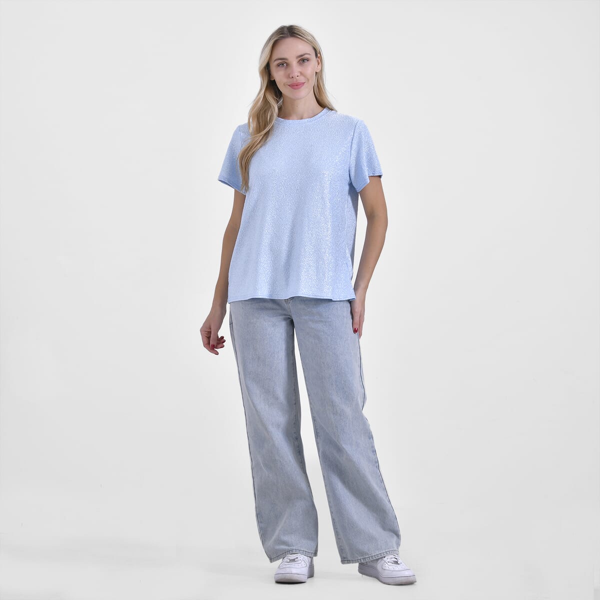 Baby Blue Glitter Short Sleeved Crew-neck Top - One Size Fits Most image number 0