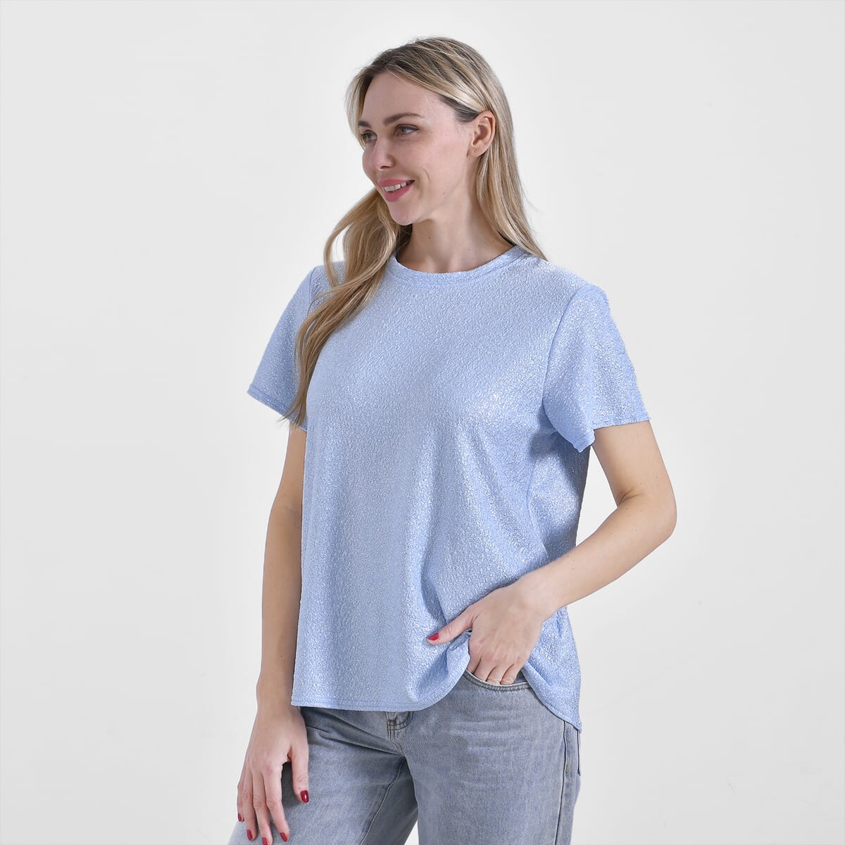Baby Blue Glitter Short Sleeved Crew-neck Top - One Size Fits Most image number 2