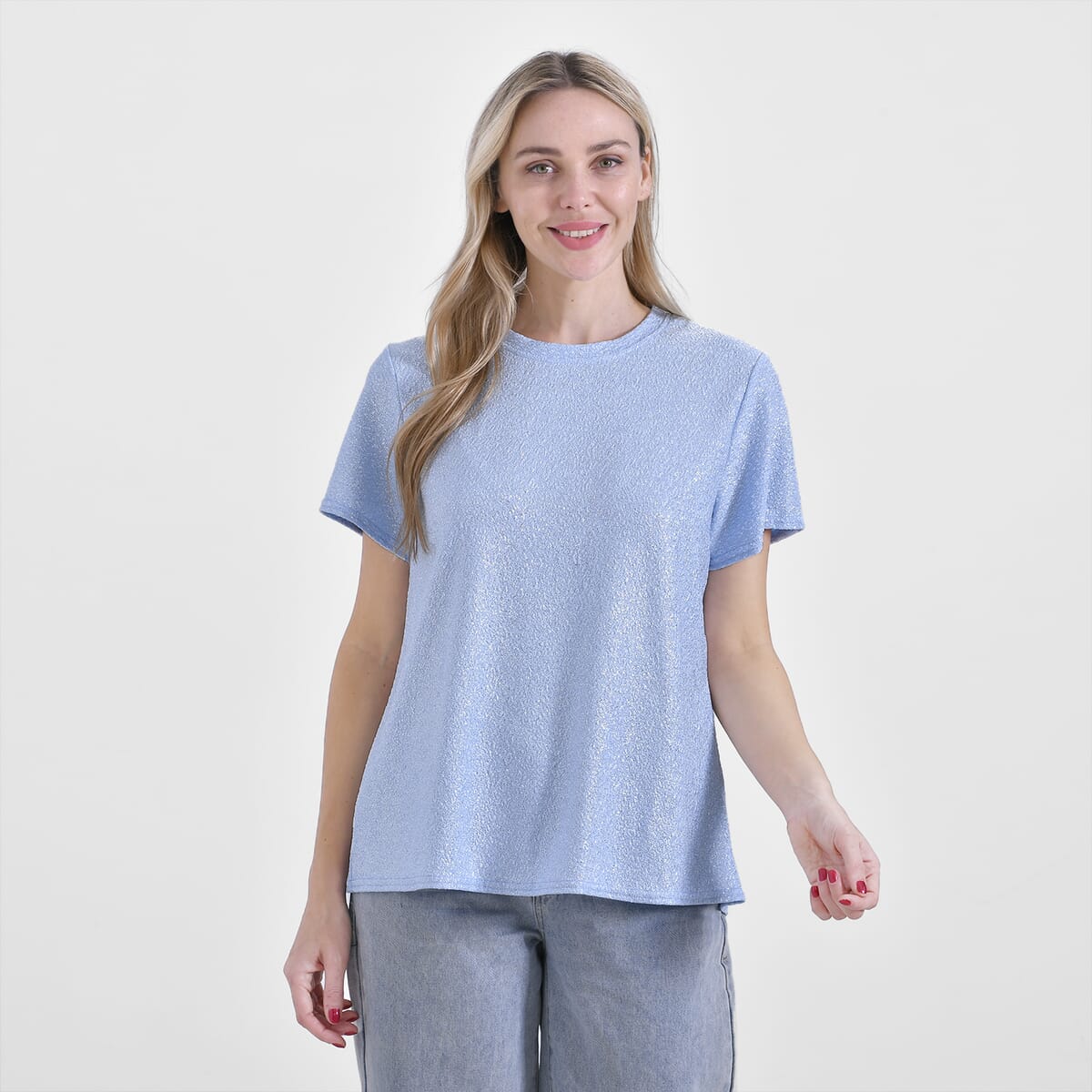 Baby Blue Glitter Short Sleeved Crew-neck Top - One Size Fits Most image number 3