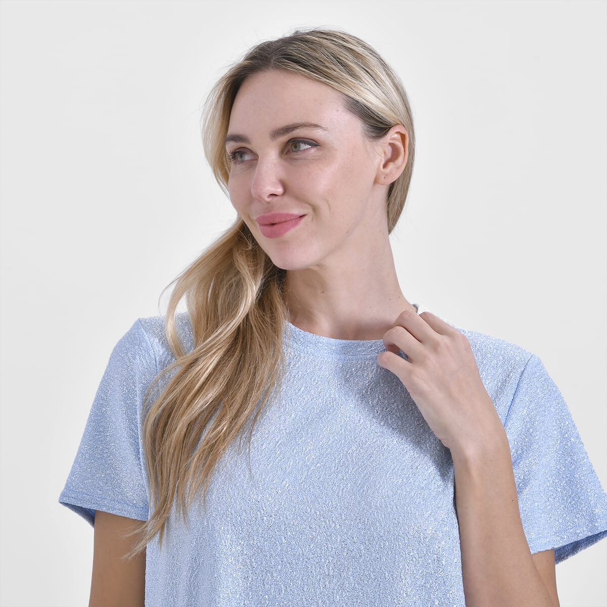 Baby Blue Glitter Short Sleeved Crew-neck Top - One Size Fits Most image number 4