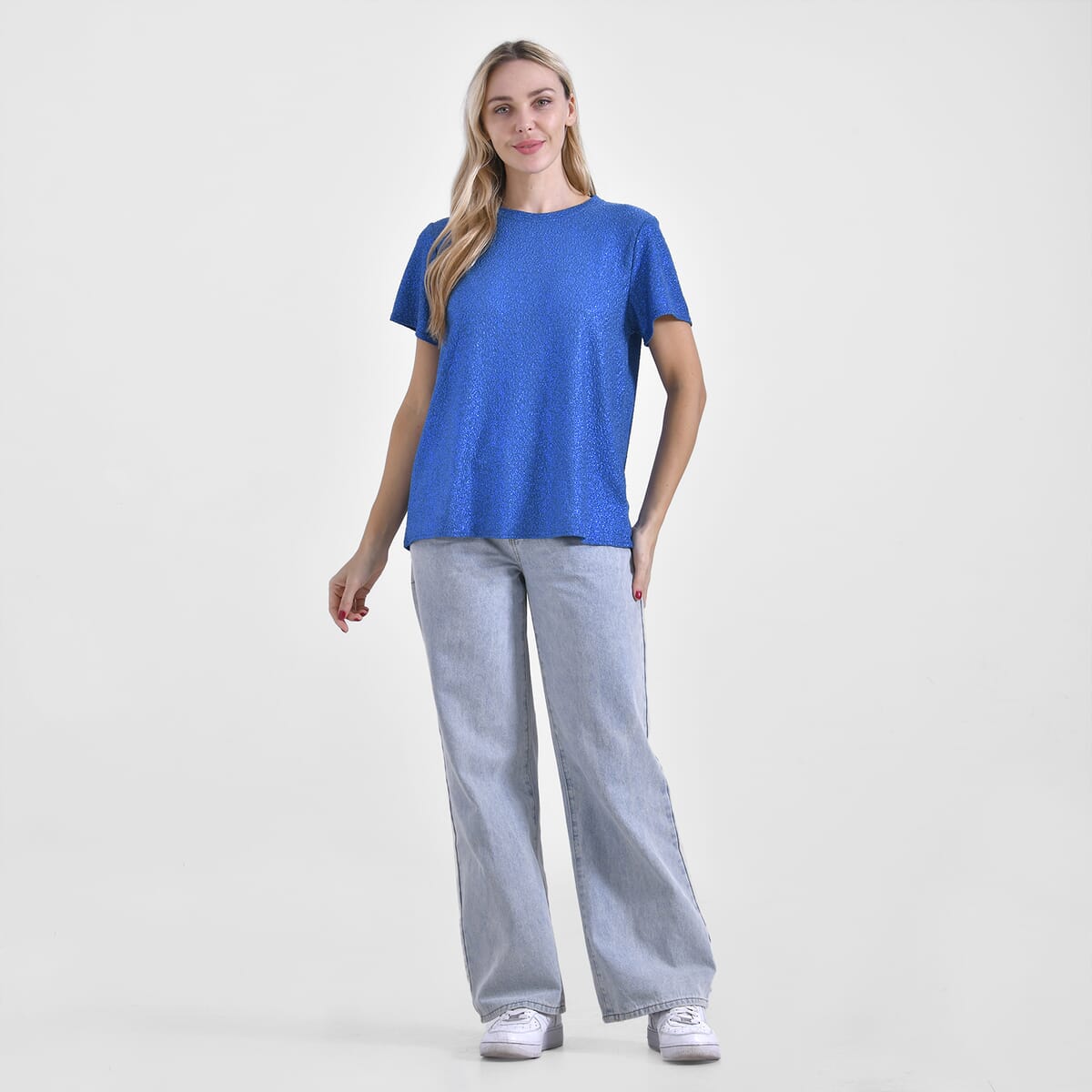 Blue Glitter Short Sleeved Crew-neck Top - One Size Fits Most image number 0