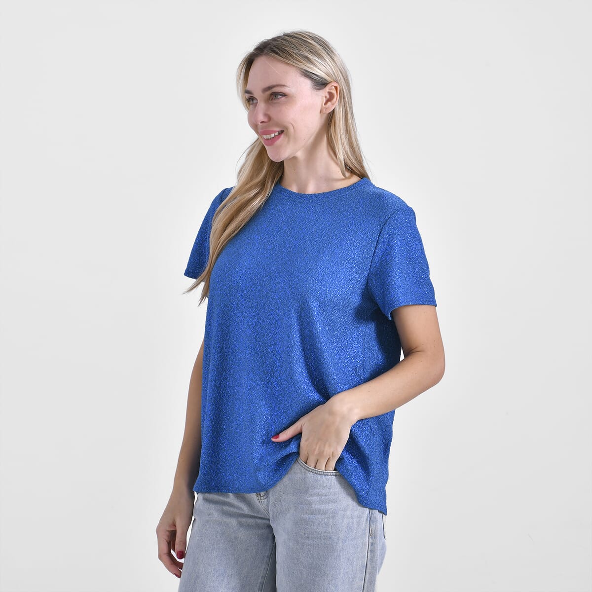 Blue Glitter Short Sleeved Crew-neck Top - One Size Fits Most image number 2