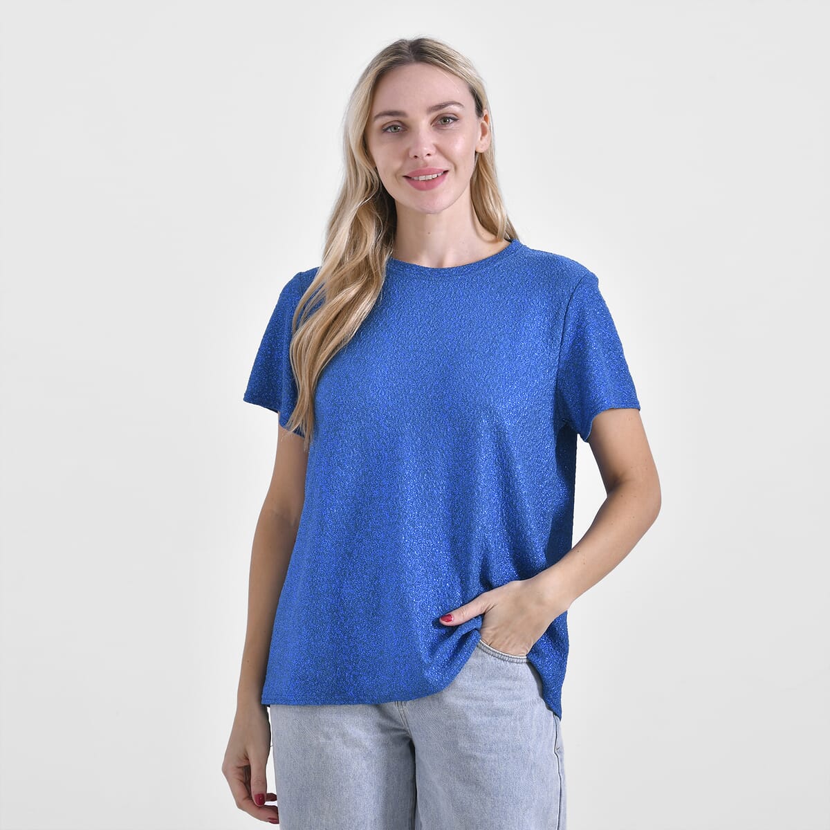 Blue Glitter Short Sleeved Crew-neck Top - One Size Fits Most image number 3