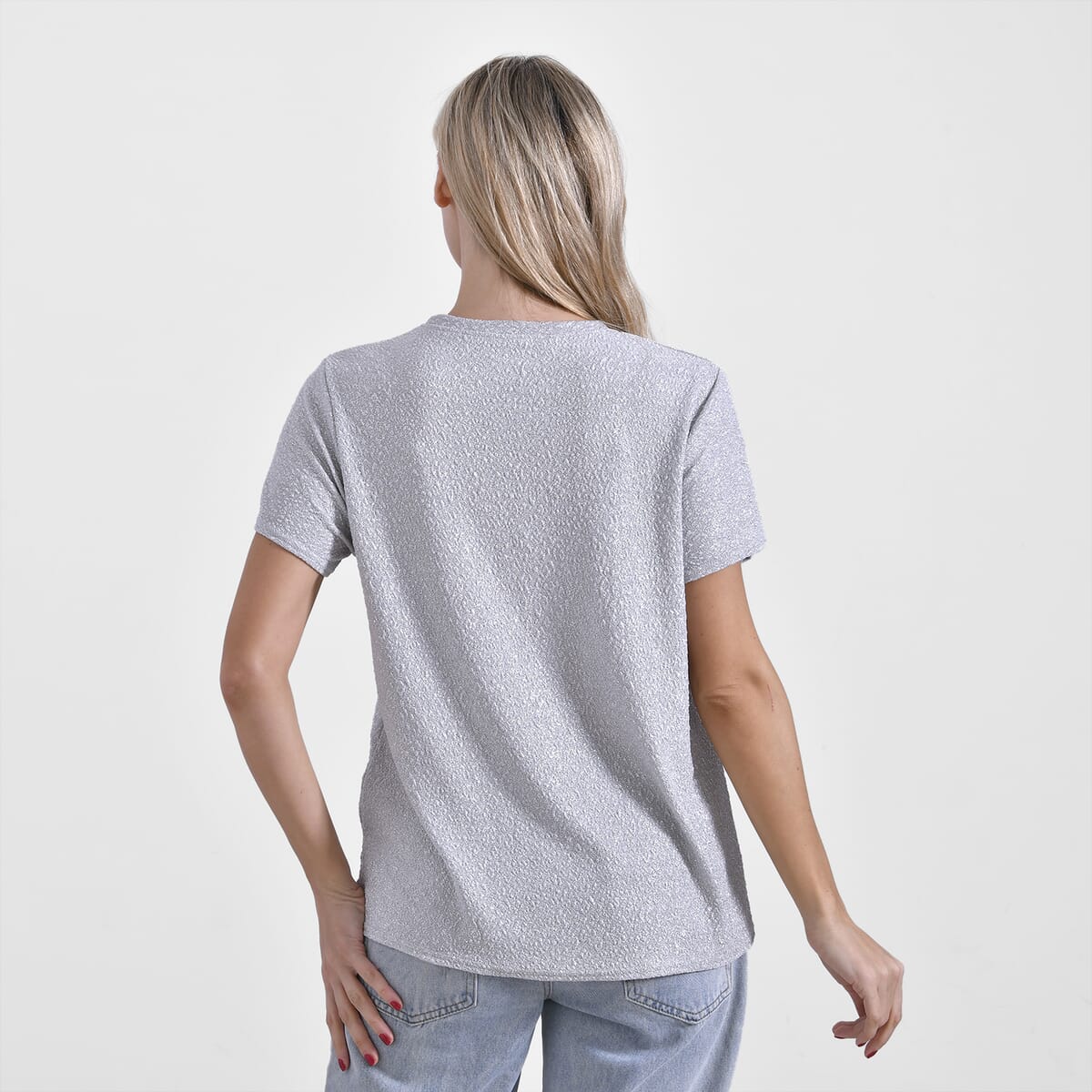 Light Gray Glitter Short Sleeved Crew-neck Top - One Size Fits Most image number 1