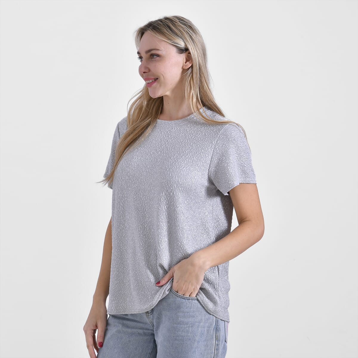 Light Gray Glitter Short Sleeved Crew-neck Top - One Size Fits Most image number 2