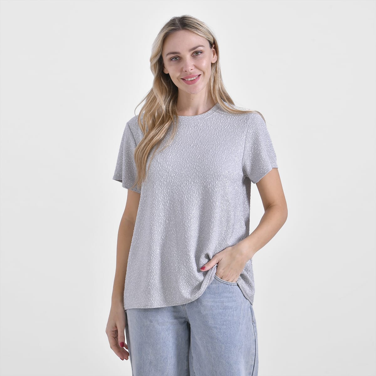 Light Gray Glitter Short Sleeved Crew-neck Top - One Size Fits Most image number 3