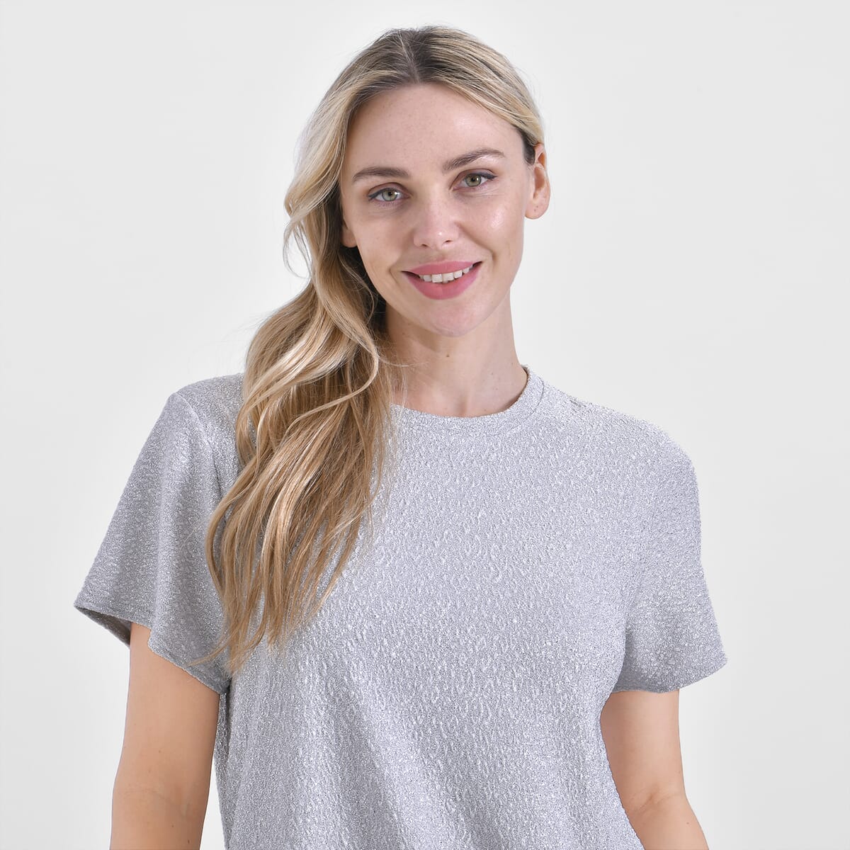 Light Gray Glitter Short Sleeved Crew-neck Top - One Size Fits Most image number 4