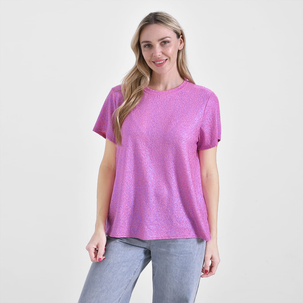 Pink Glitter Short Sleeved Crew-neck Top - One Size Fits Most image number 2
