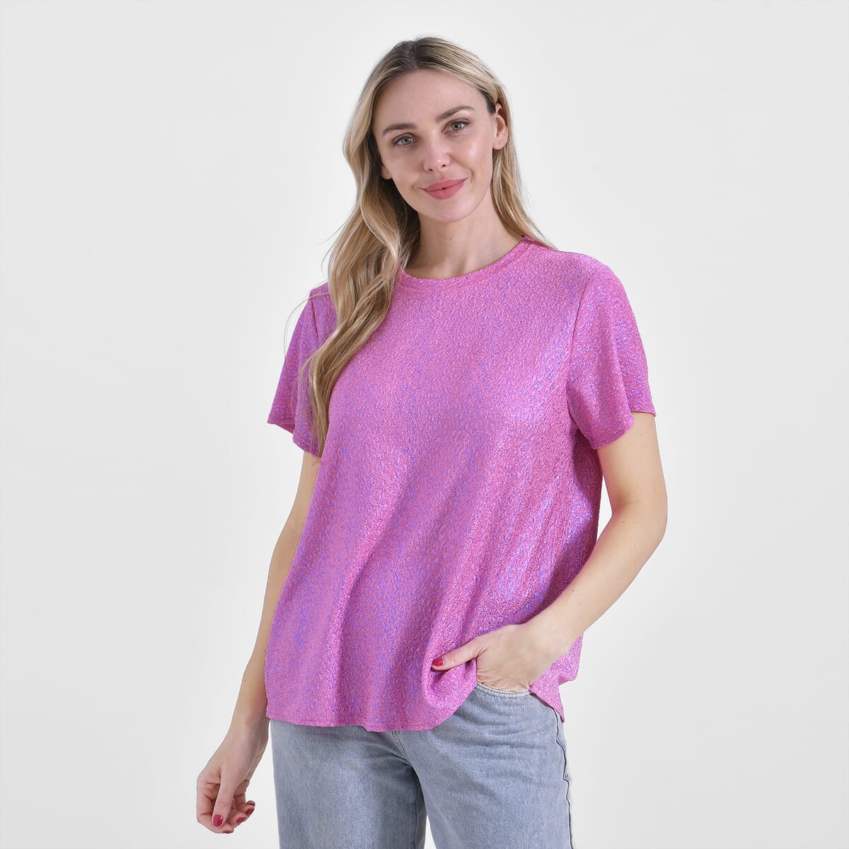 Pink Glitter Short Sleeved Crew-neck Top - One Size Fits Most image number 3