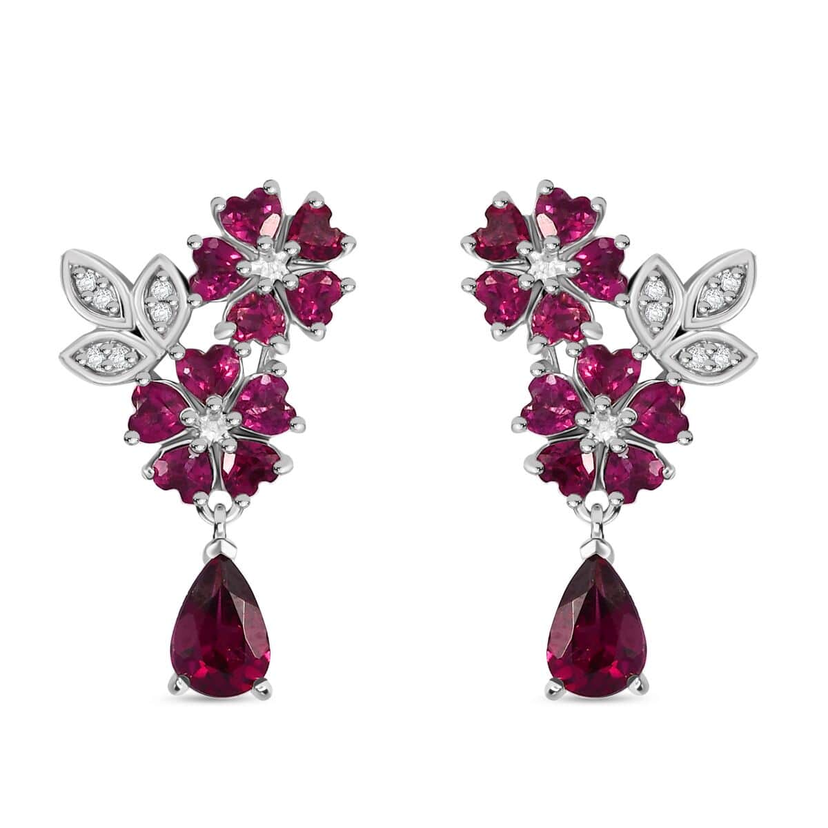 Premium Orissa Rhodolite Garnet and White Zircon 4.25 ctw Flower Drop Earring in Rhodium Over Sterling Silver image number 0