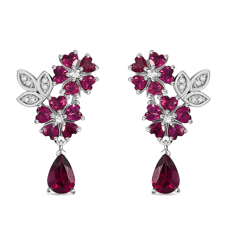 D'Joy Premium Orissa Rhodolite Garnet and White Zircon 4.25 ctw Flower Drop Earring in Rhodium Over Sterling Silver