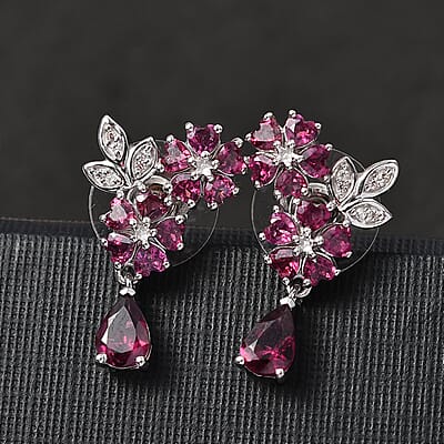 D'Joy Premium Orissa Rhodolite Garnet and White Zircon 4.25 ctw Flower Drop Earring in Rhodium Over Sterling Silver