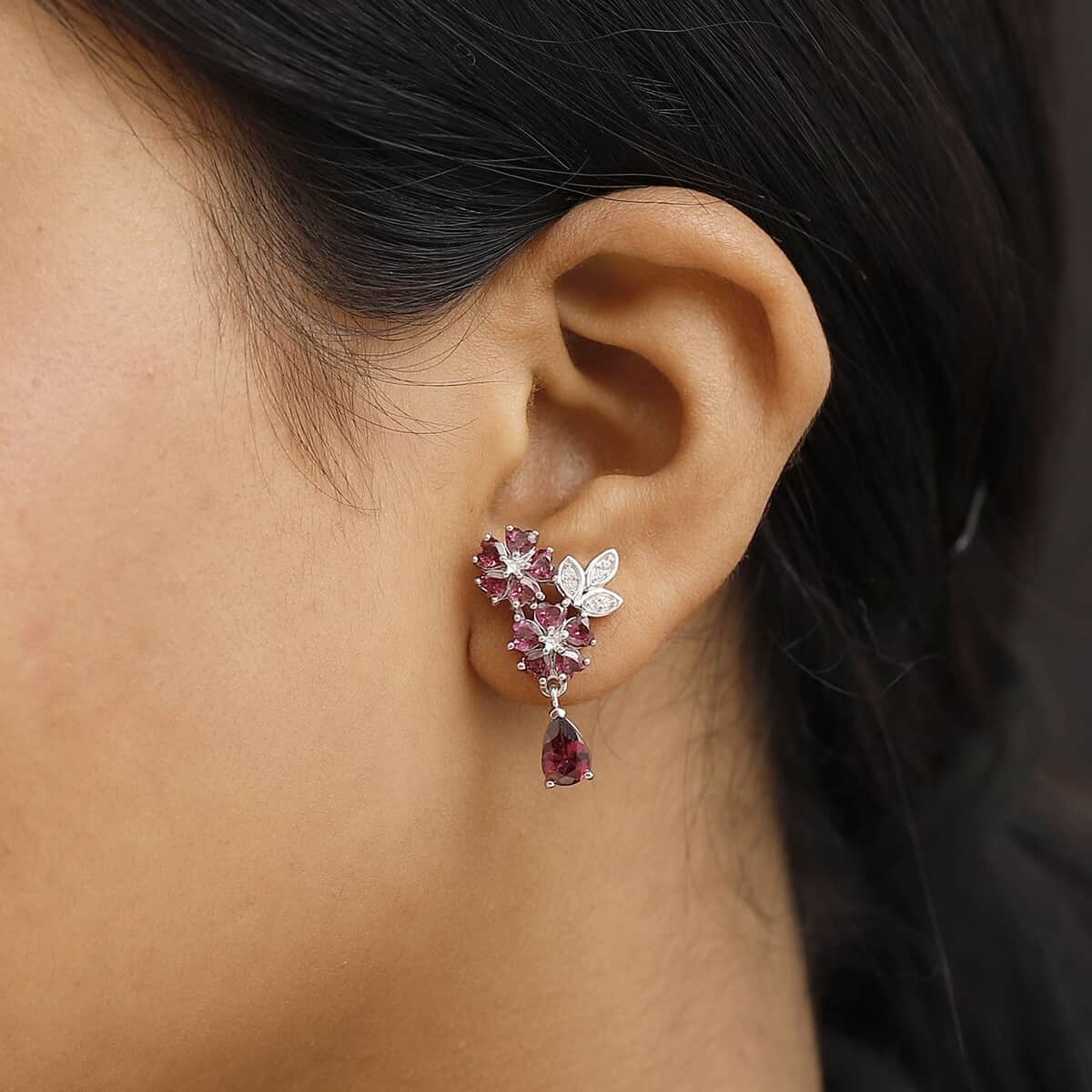 Premium Orissa Rhodolite Garnet and White Zircon 4.25 ctw Flower Drop Earring in Rhodium Over Sterling Silver image number 2