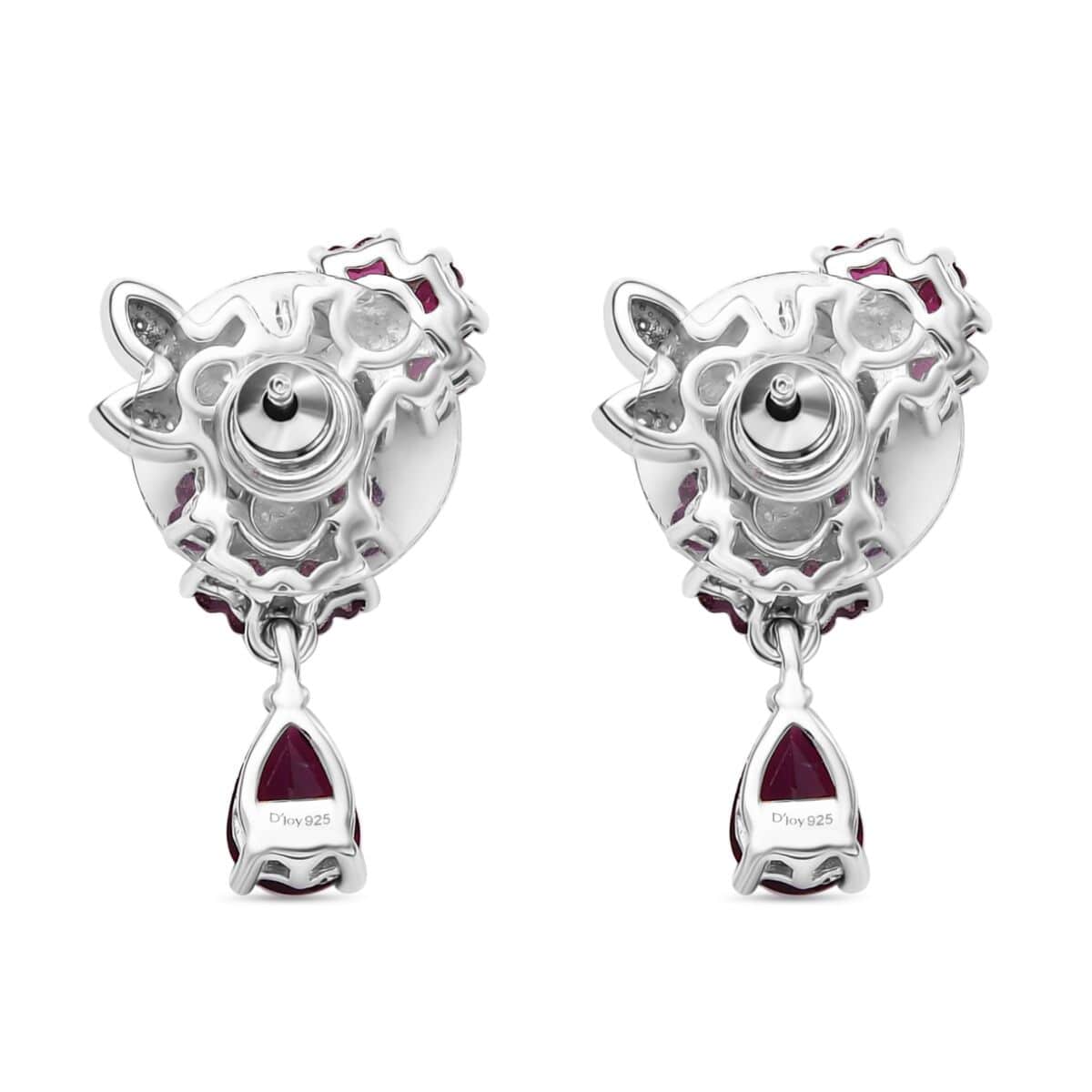 Premium Orissa Rhodolite Garnet and White Zircon 4.25 ctw Flower Drop Earring in Rhodium Over Sterling Silver image number 3