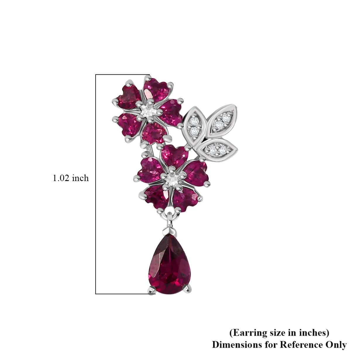 Premium Orissa Rhodolite Garnet and White Zircon 4.25 ctw Flower Drop Earring in Rhodium Over Sterling Silver image number 4