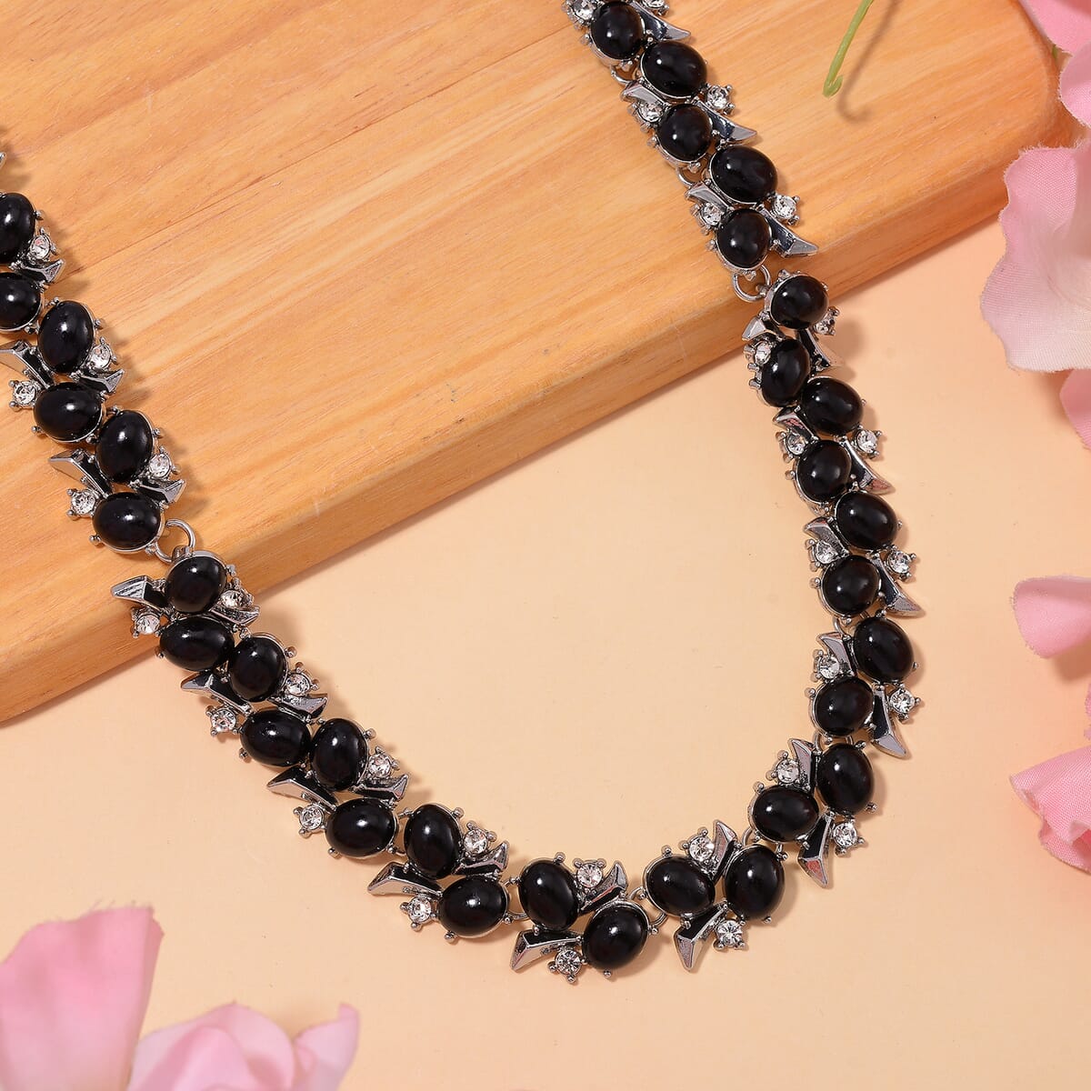 Black Howlite and White Austrian Crystal 190.00 ctw Necklace in Silvertone 18-20 Inche image number 1