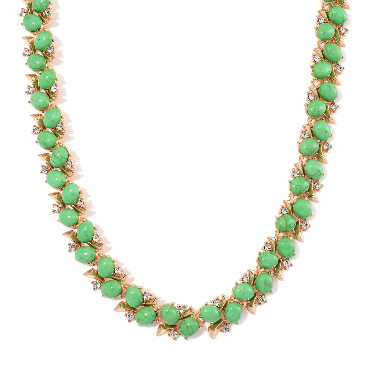 Green Howlite and White Austrian Crystal 190.00 ctw Necklace in Goldtone 18-20 Inches image number 0