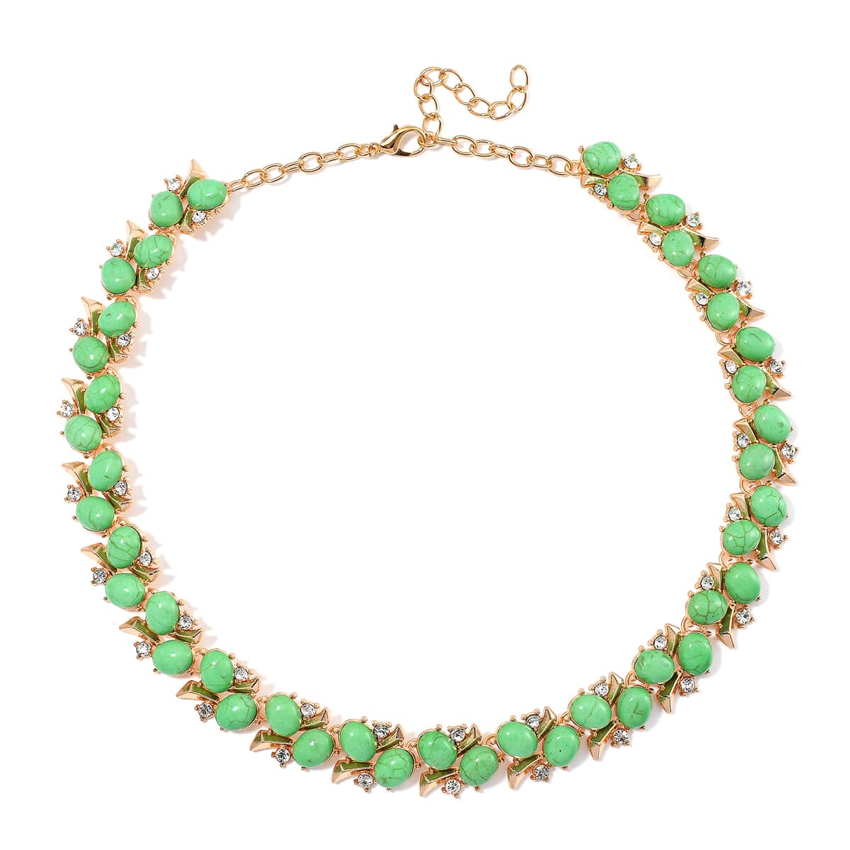 Green Howlite and White Austrian Crystal 190.00 ctw Necklace in Goldtone 18-20 Inches image number 2