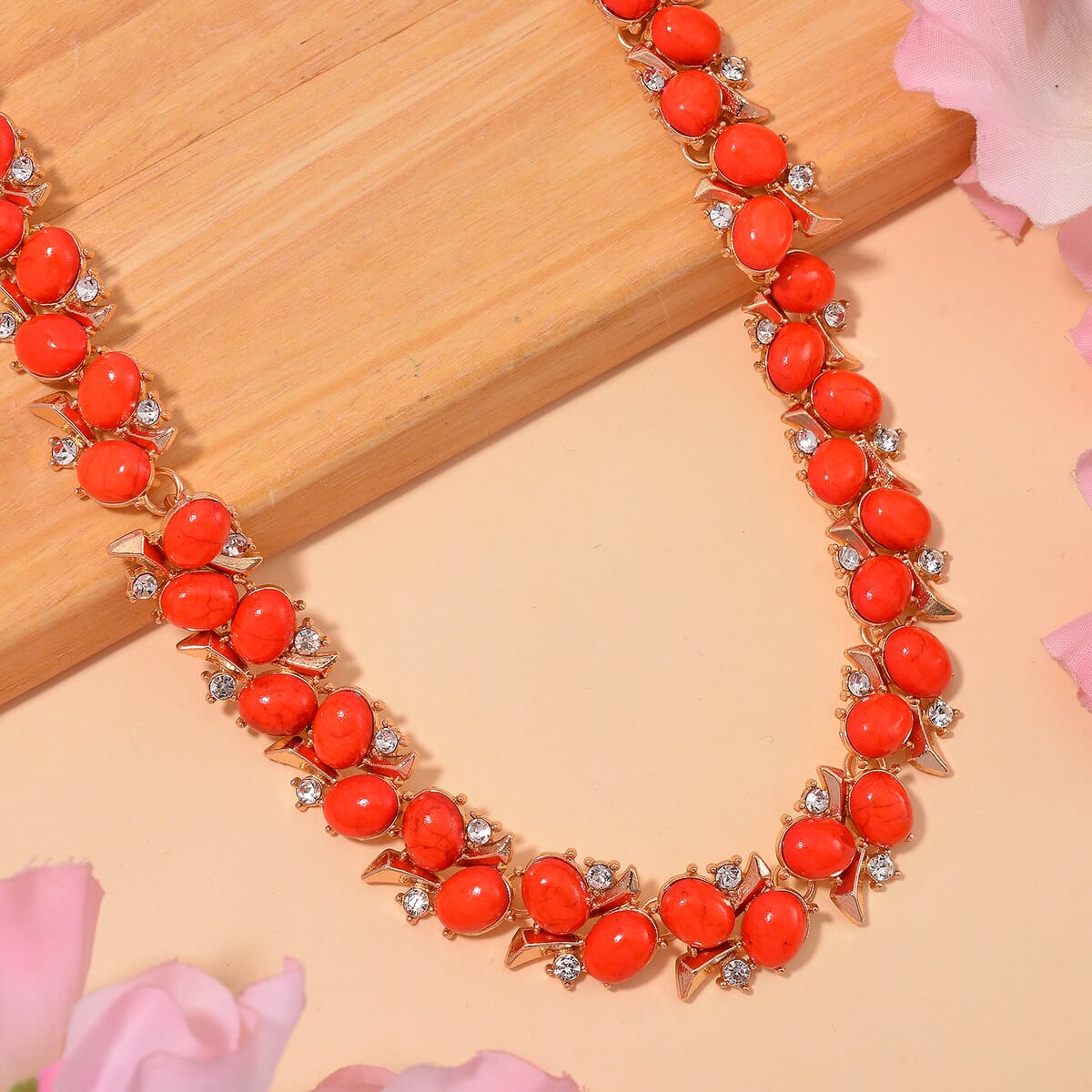 Red Howlite and White Austrian Crystal 190.00 ctw Necklace in Goldtone 18-20 Inches image number 1